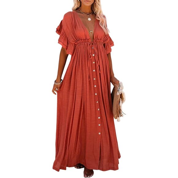 Boho Maxi Dress Rayon Polyester Summer Casual Beach Vacation Flowy Maxi - Picture 1 of 6